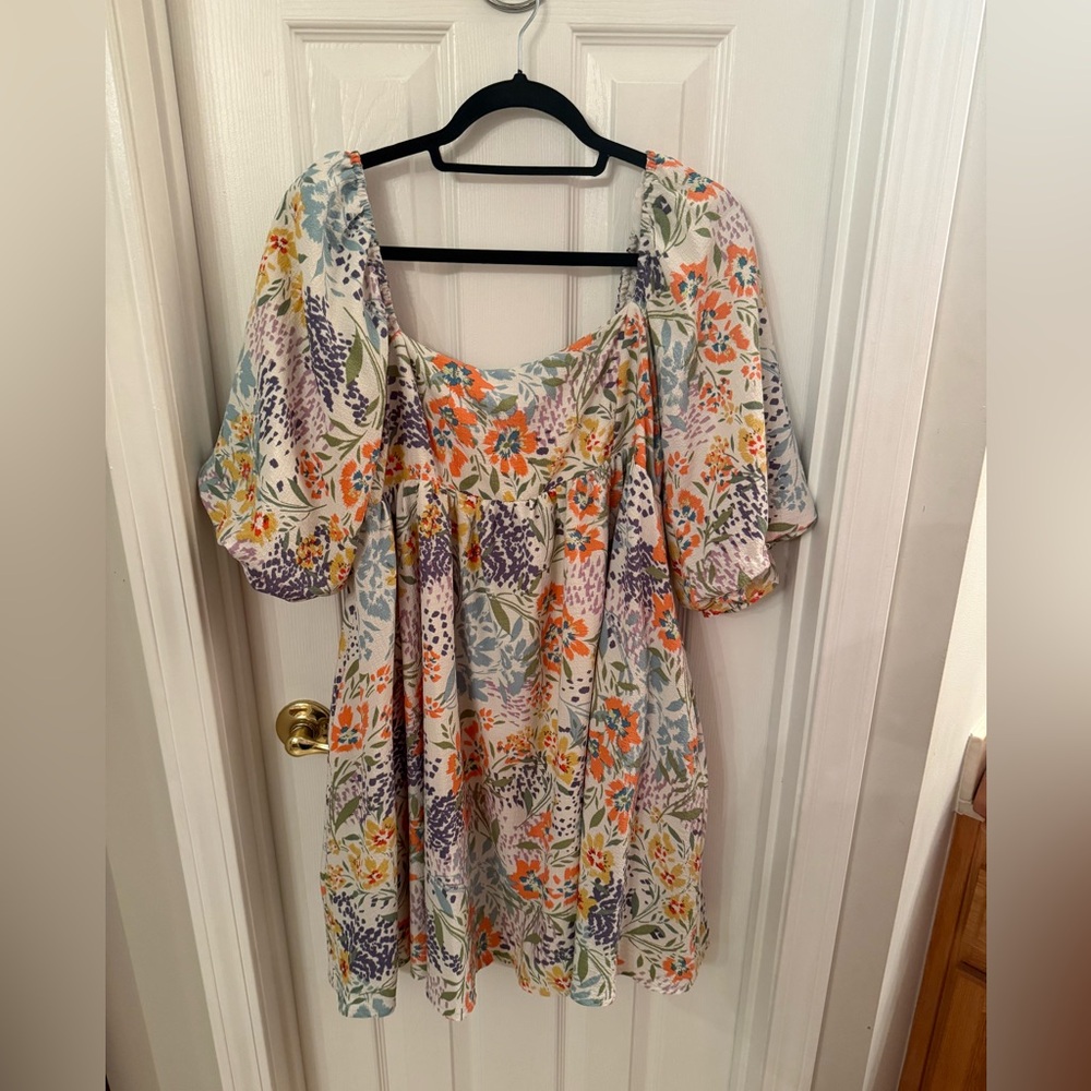 MULTI COLOR FLORAL PRINT SQUARE NECK BABY DOLL DRESS